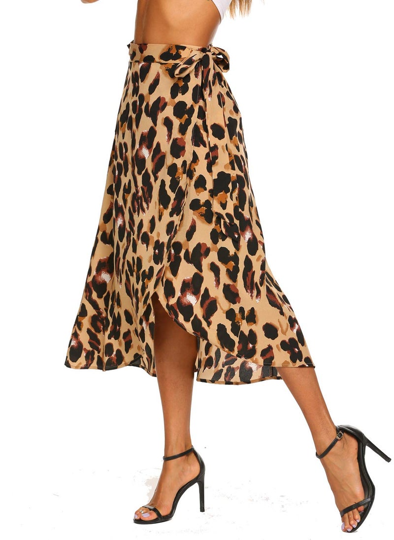 Newchoice Leopard Skirts for Women Long Tie Up Bowtie Summer Flowy Wrap Midi Skirt (M,Leopard Yellow) - Image 4